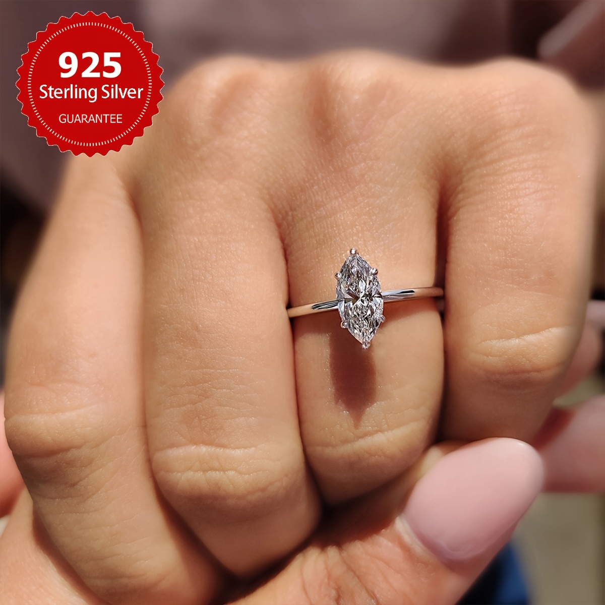 1ct Marquise Moissanite Engagement Ring 925 Sterling Silver 6 Prong Setting